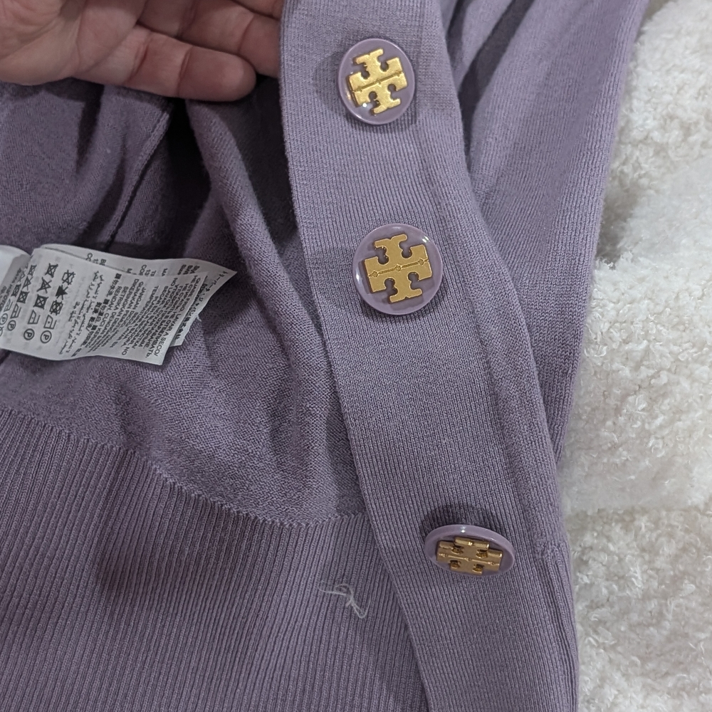 Tory Burch Purple Knit Cardigan with Gold Logo Buttons - Picture 2 of 6